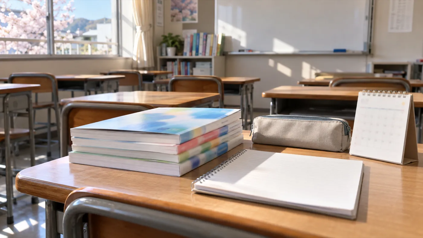 春の教室の机に置かれた新しい教科書とノート