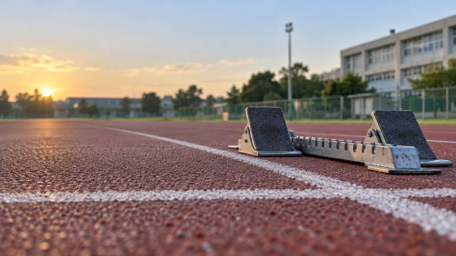 朝の陸上トラックのスタートラインとスターティングブロック
