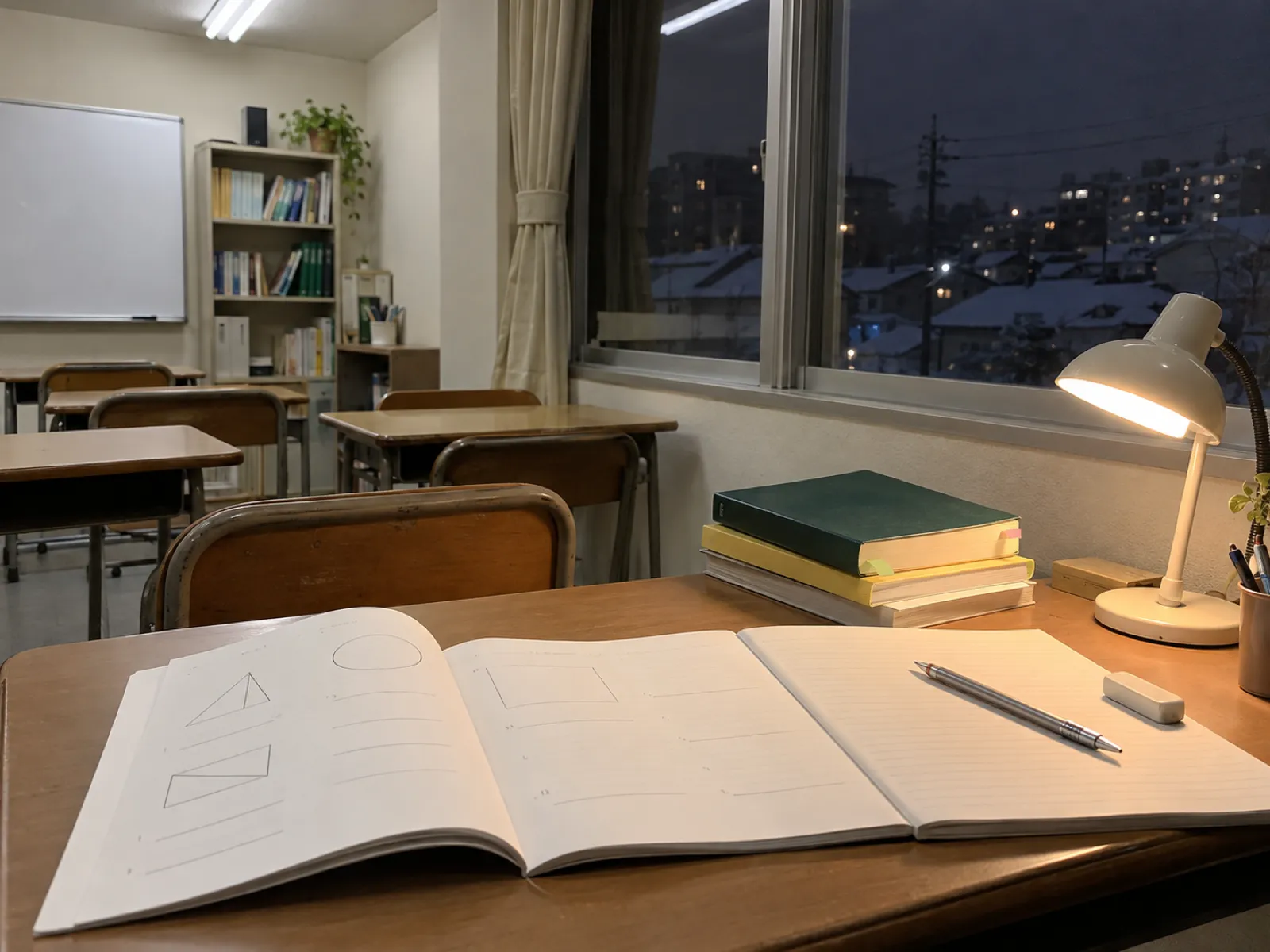 冬の夜、窓際の机に開いた問題集とノート